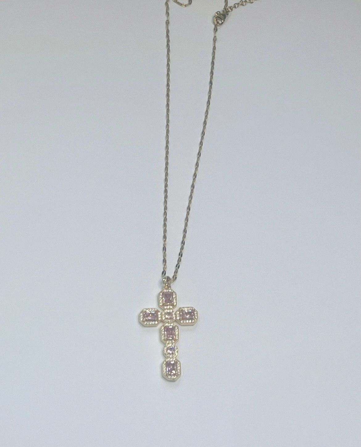 Stainless Steel Necklace With Pink And Clear Stone Cross Pendant