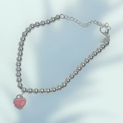 Sterling Silver Round Ball Bracelet With Pink Heart Charm