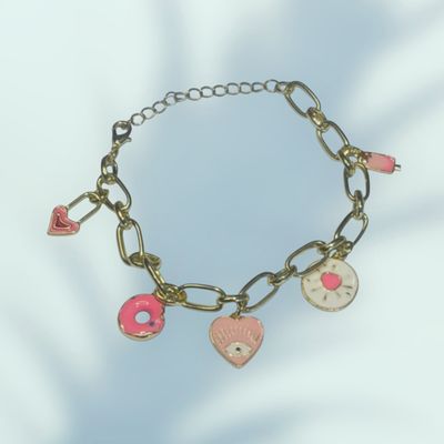 Pink Ice Cream Doughnut Heart Charm Bracelet