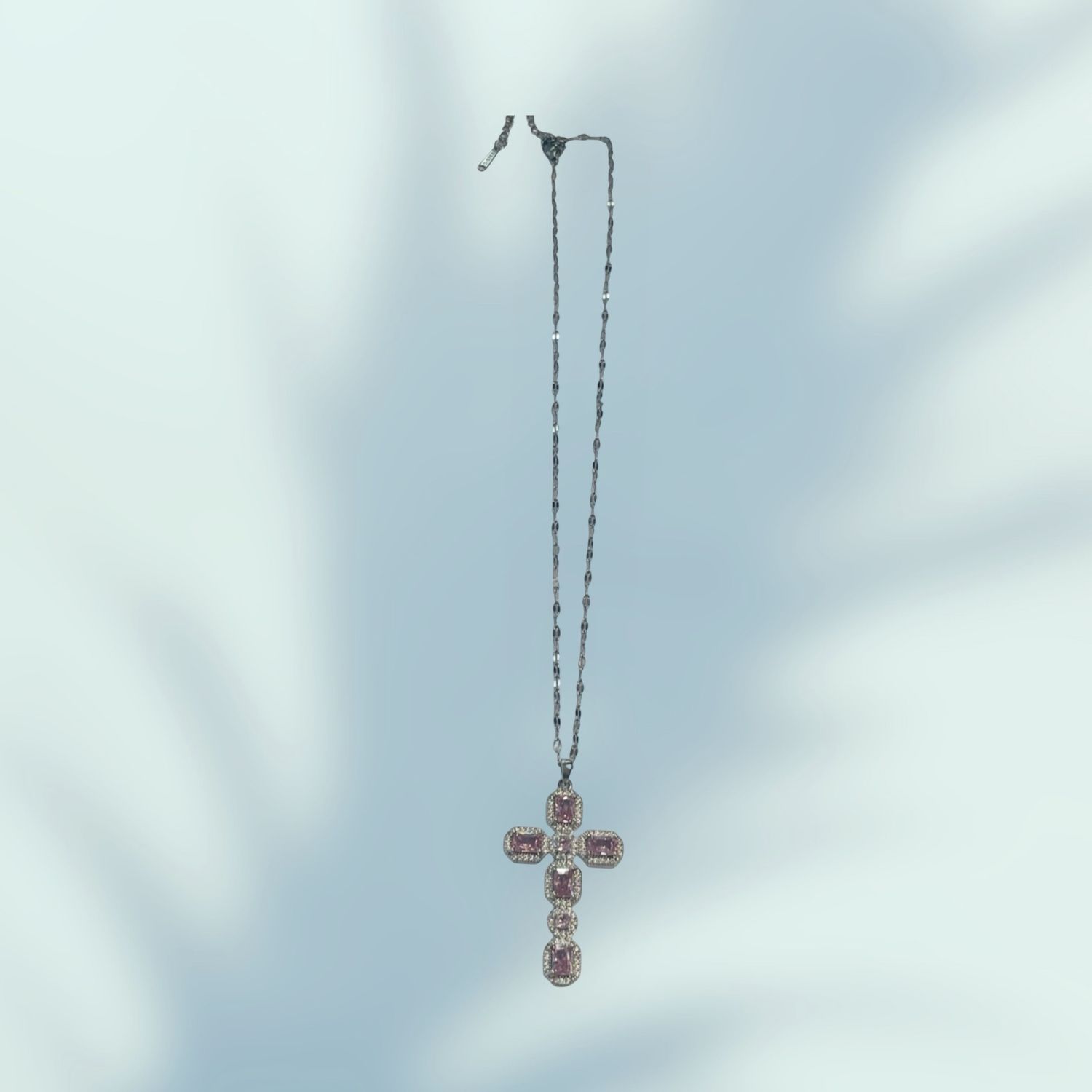 Stainless Steel Necklace With Pink And Clear Stone Cross Pendant