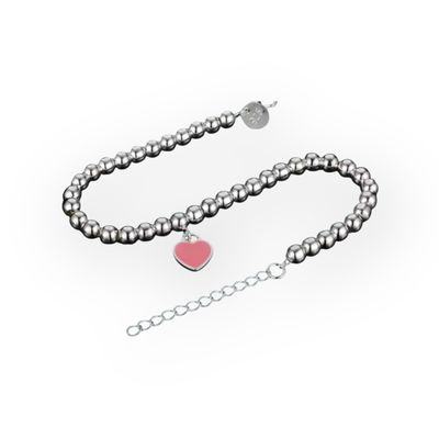 Sterling Silver Round Ball Bracelet With Pink Heart Charm