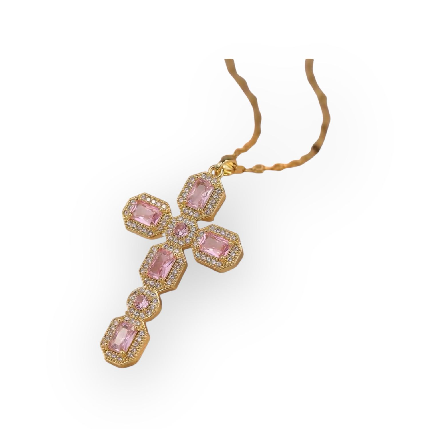 Stainless Steel Necklace With Pink And Clear Stone Cross Pendant