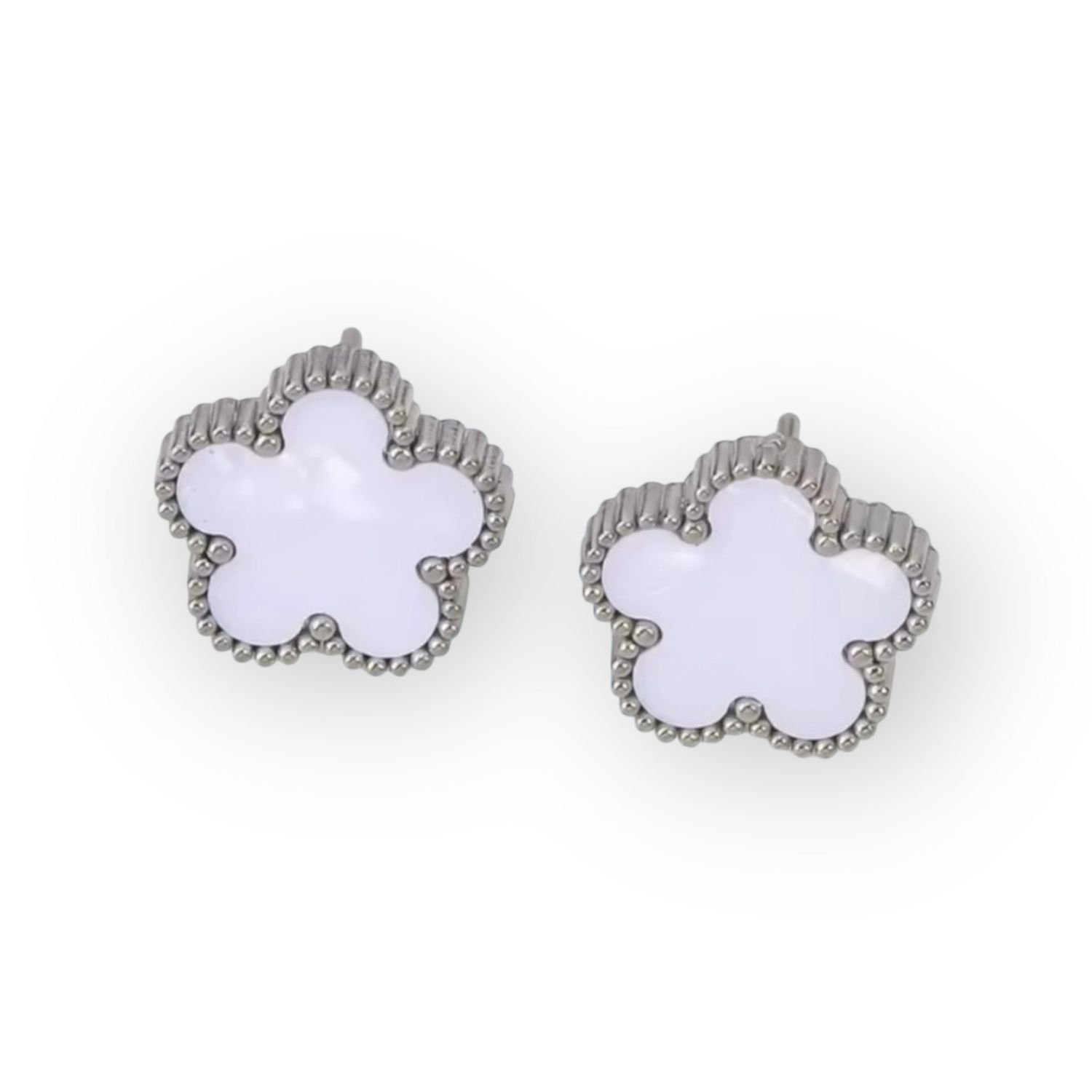 Silver and White Stainless Steel Clover Earrings