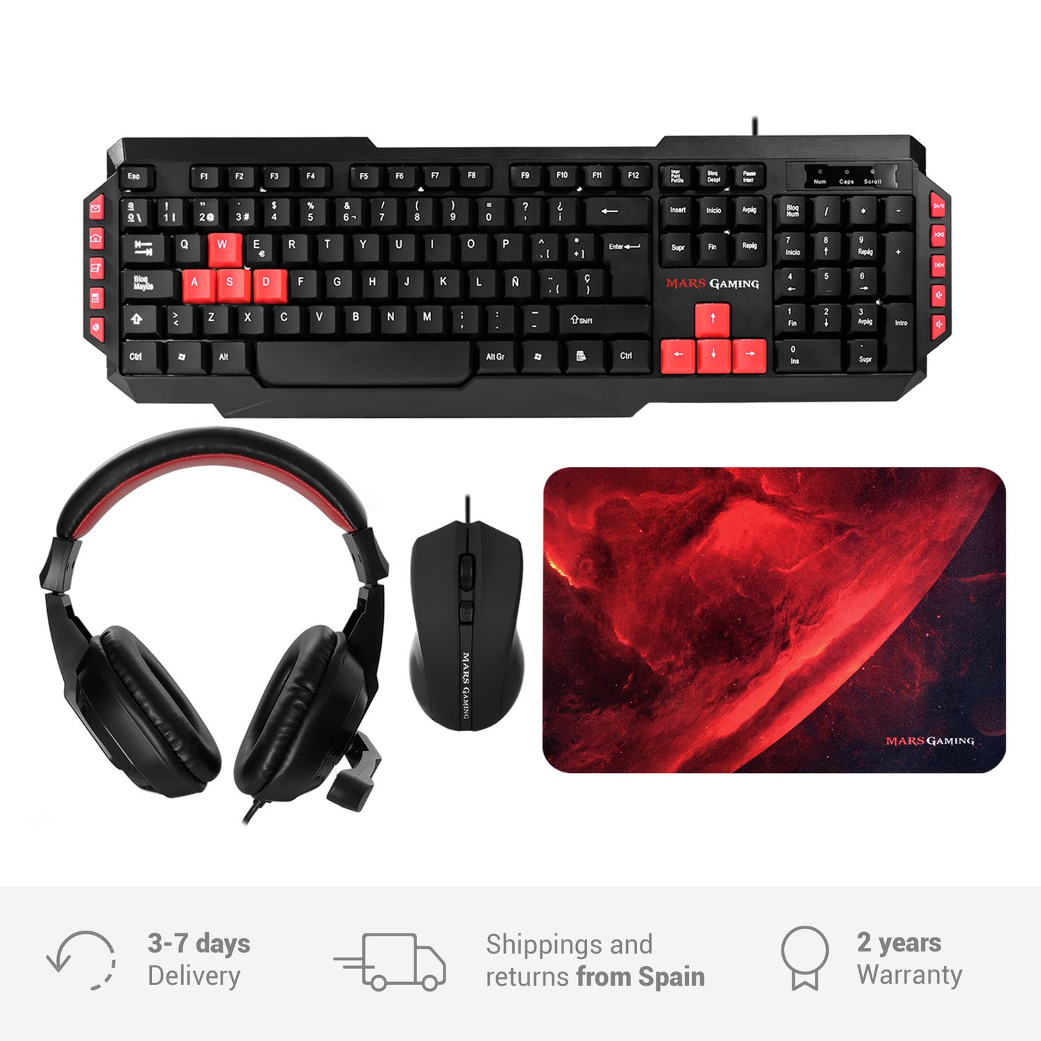 Mars Gaming MRCP1 - Combo Gaming keyboard and mouse + earphones + Gaming pad, Gamer mouse 2800 DPI, Spanish language,