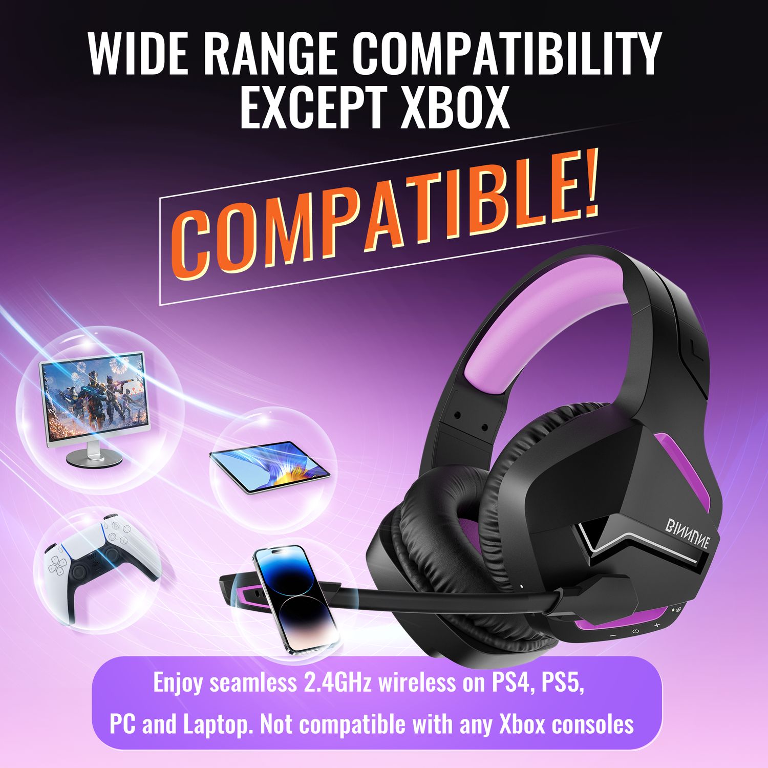 BINNUNE Dual Wireless Gaming Headset with mic for PC PS4 PS5, Bluetooth Gaming Headset  for Laptop Computer, Gaming Headphones