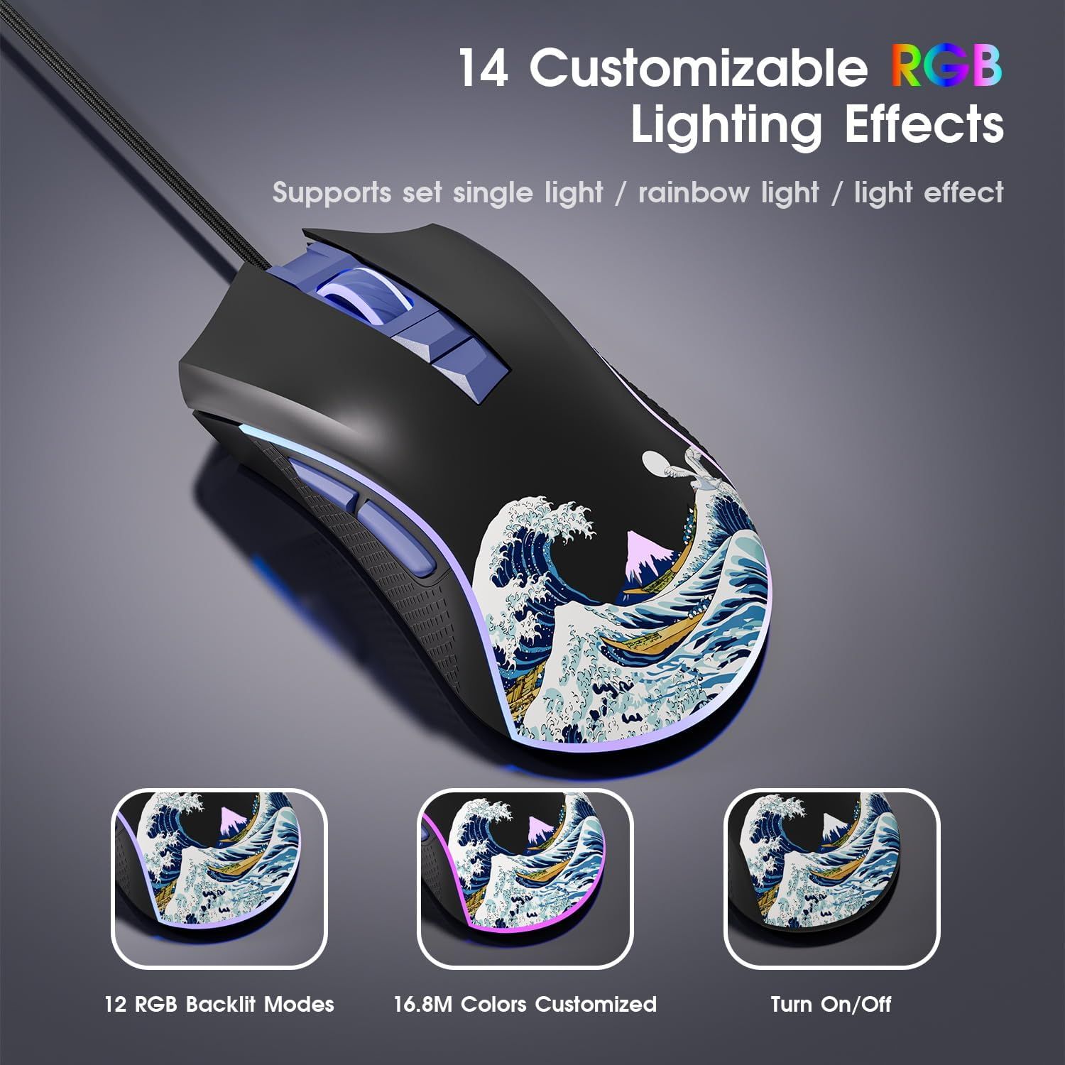 XVX Wired Gaming Mouse 12000 DPI RGB Gaming Mouse with 12 Backlit Modes &amp;7 Macro Buttons PC Gaming Mouse
