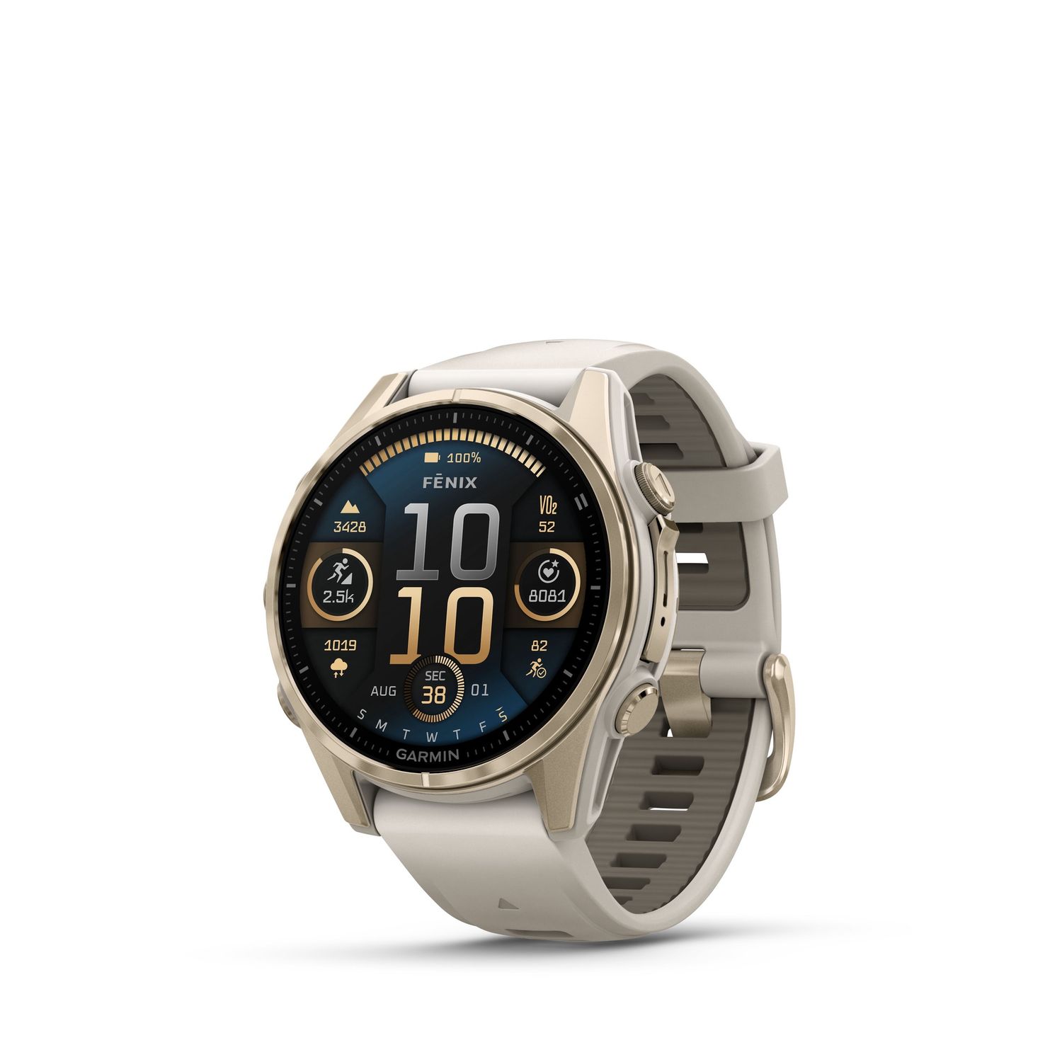 fēnix® 8 – 43 mm, AMOLED, Colour: Sapphire, Soft Gold with Fog Grey/Dark Sandstone Silicone Band
