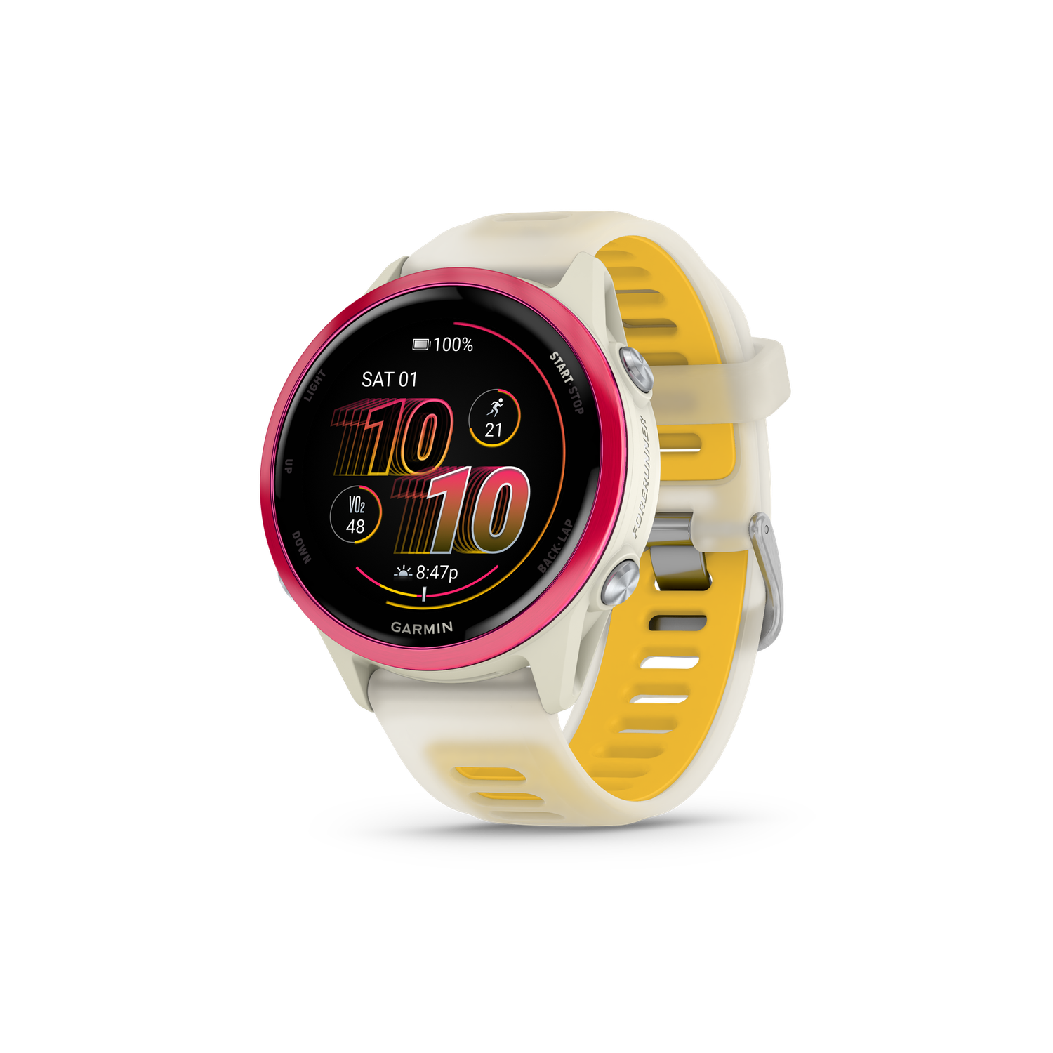 Forerunner® 570 - 42mm, Colour: Raspberry Aluminum with Translucent Bone/Mango Band