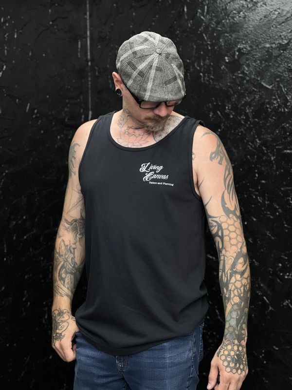 Black unisex tank top,  Living Canvas Tattoo and Piercing Logo. 100% cotton. Sizes S - 2XL