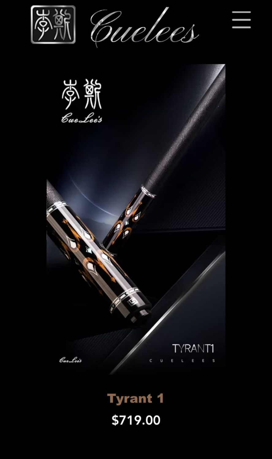 Cuelees Tyrant 1 Pool Cue with Shark Skin Wrap-Butt Only