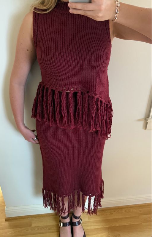 Merlot Fringe Sweater Midi Skirt