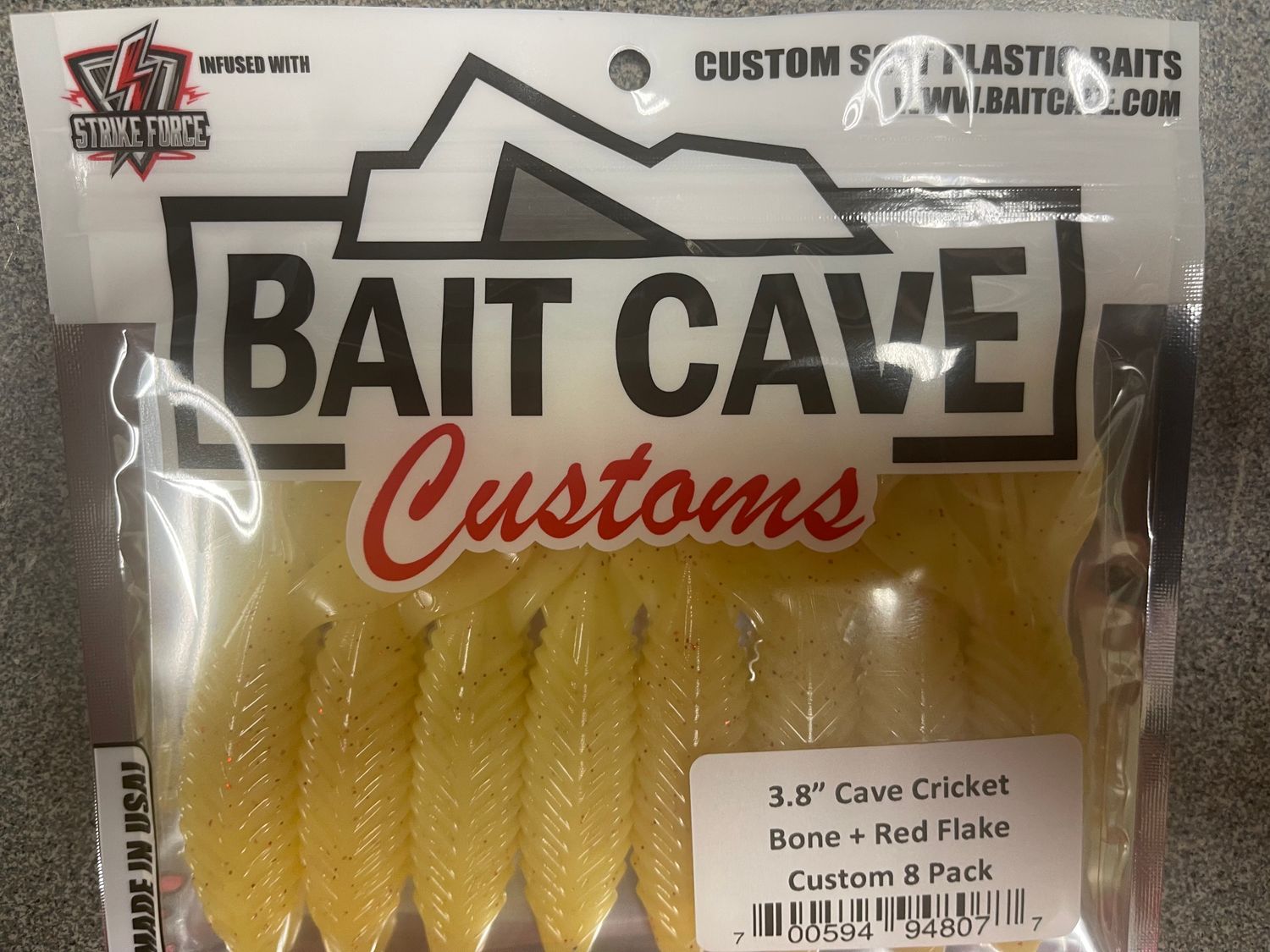 Bait Cave Customs 3.8&quot; Cave Cricket Bone &amp; Red Flk 8pk