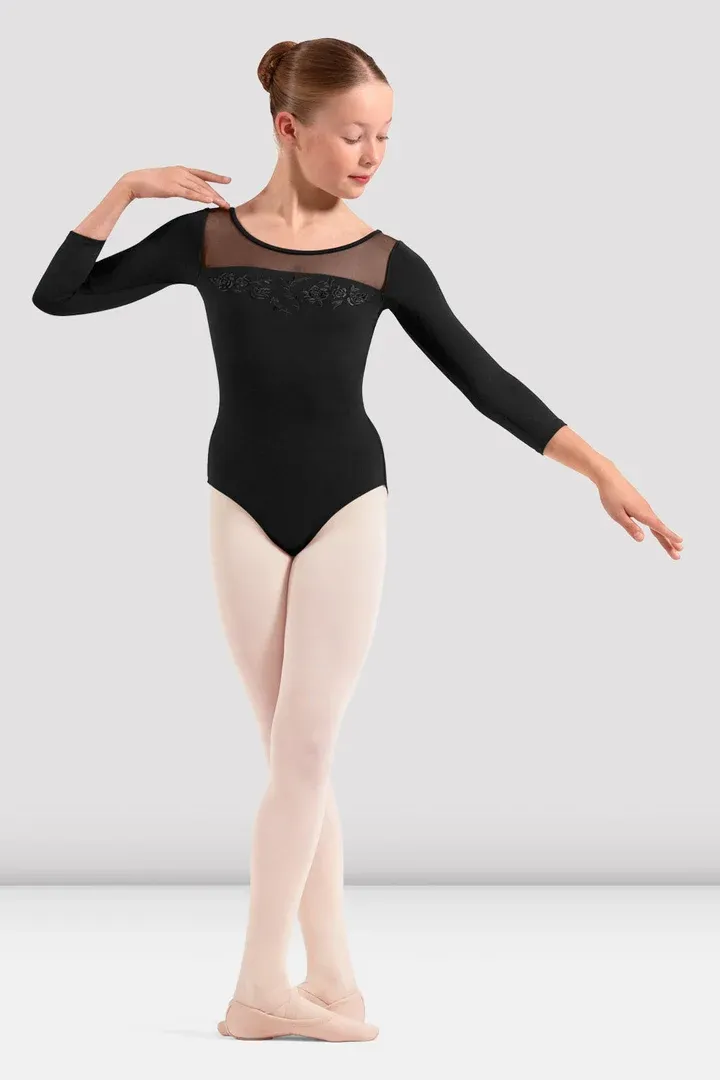 Mirella Youth Floral Mesh Back 3/4 Sleeve Leo M60004C, Colour: Black, Size: 8/10