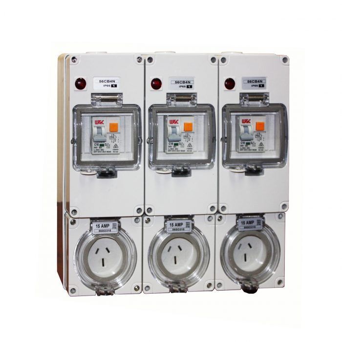 3 x 15 Amp single phase outlets each with individual RCD circuit breakers.