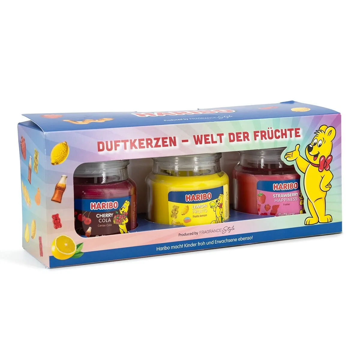 3er Set Duftkerze Haribo - Lemon Fruits, Cherry Cola, Strawberry Happiness - 3 x 85g