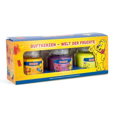 3er Set Duftkerze Haribo Frucht Power - Berry Mix, Coconut Lime, Tropical Fun - 3 x 85g