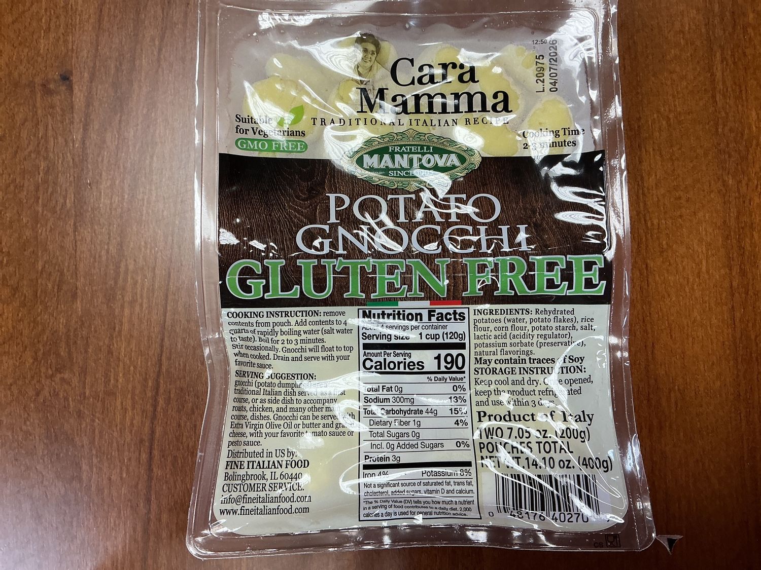 Cara Mamma, Flavors: Potato Gnocchi Gluten Free