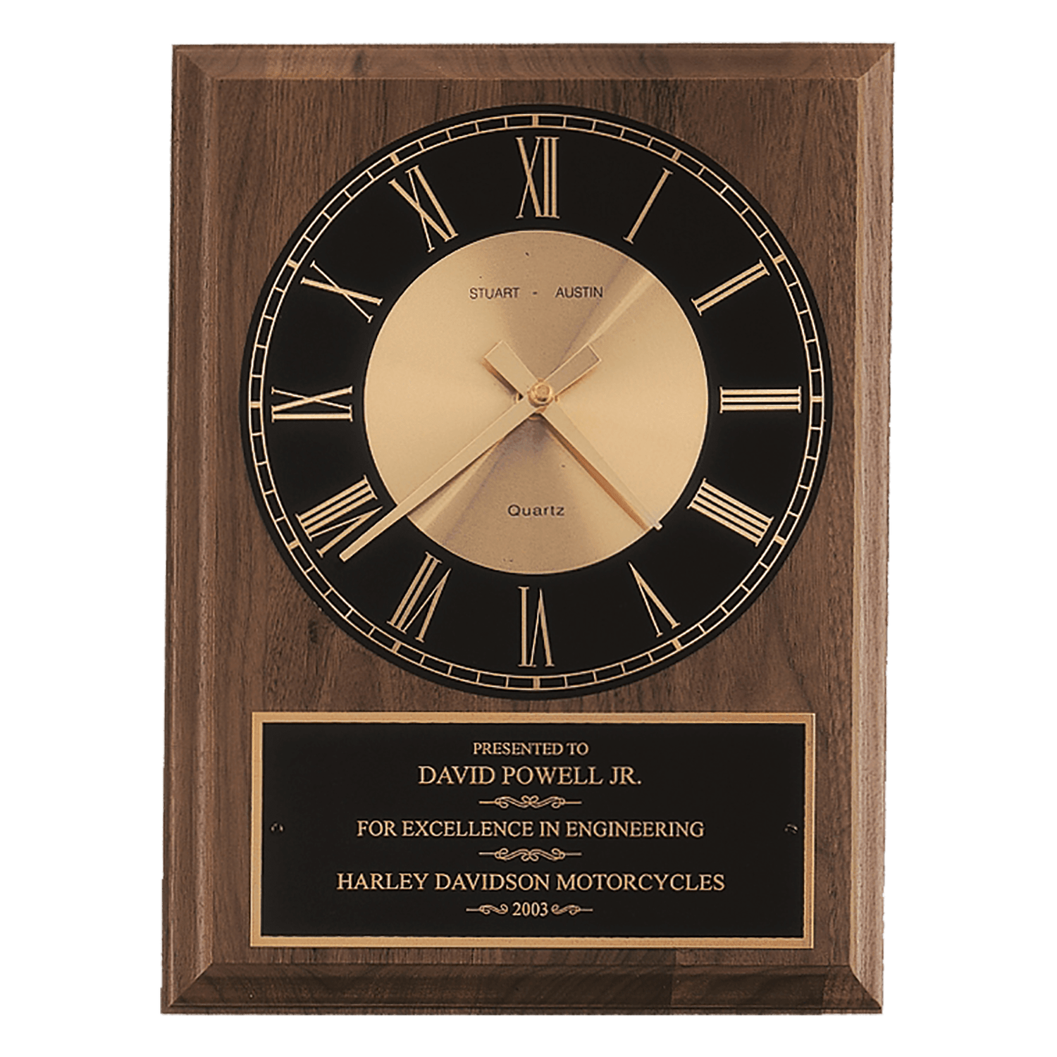 American Walnut Round Face Quartz Clock with Black Plate