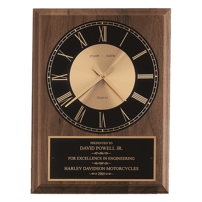 American Walnut Round Face Quartz Clock with Black Plate