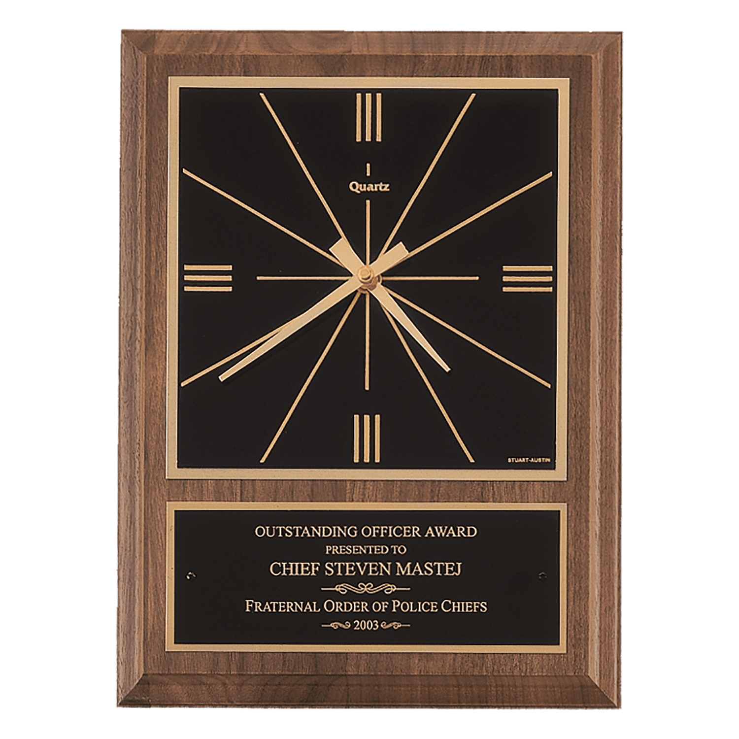 American Walnut Square Face Quartz Clock with Black Plate