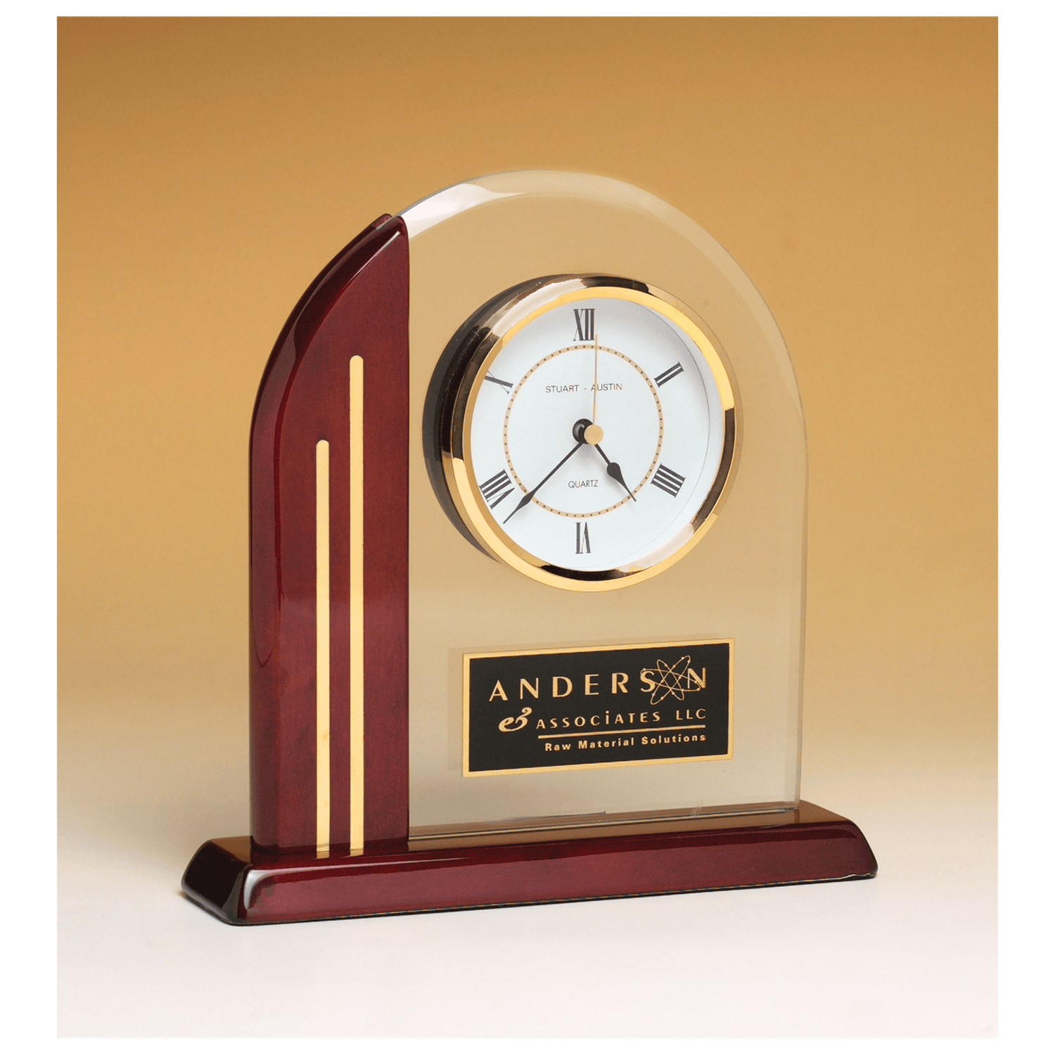 Arch Clock wiht Glass Upright and Rosewood Piano Finish Post and Base, Plate