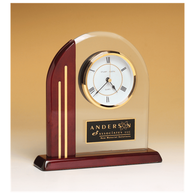 Arch Clock wiht Glass Upright and Rosewood Piano Finish Post and Base, Plate