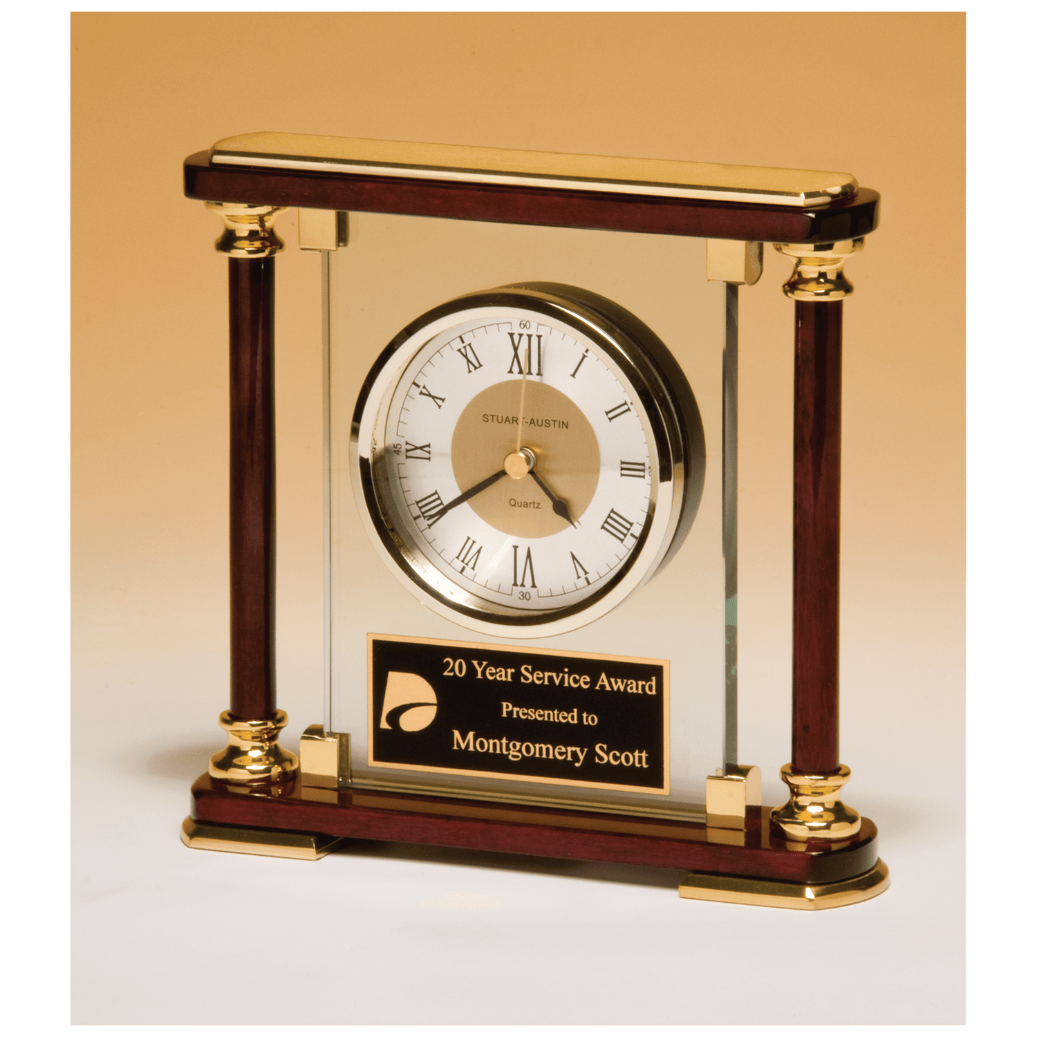 Glass and Rosewood Piano Finish Clock with Gold Metal Accents