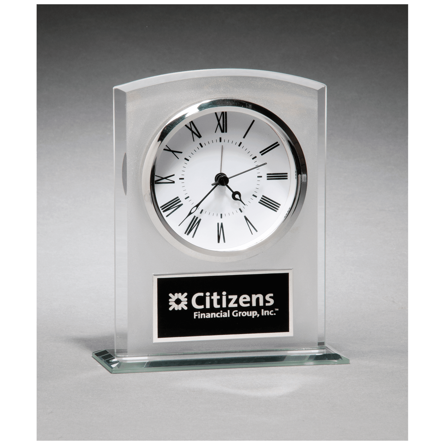 Glass Clock with Frosted Top, Polished Edge and Base, Black Plate