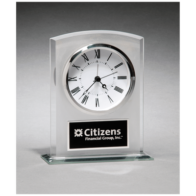 Glass Clock with Frosted Top, Polished Edge and Base, Black Plate