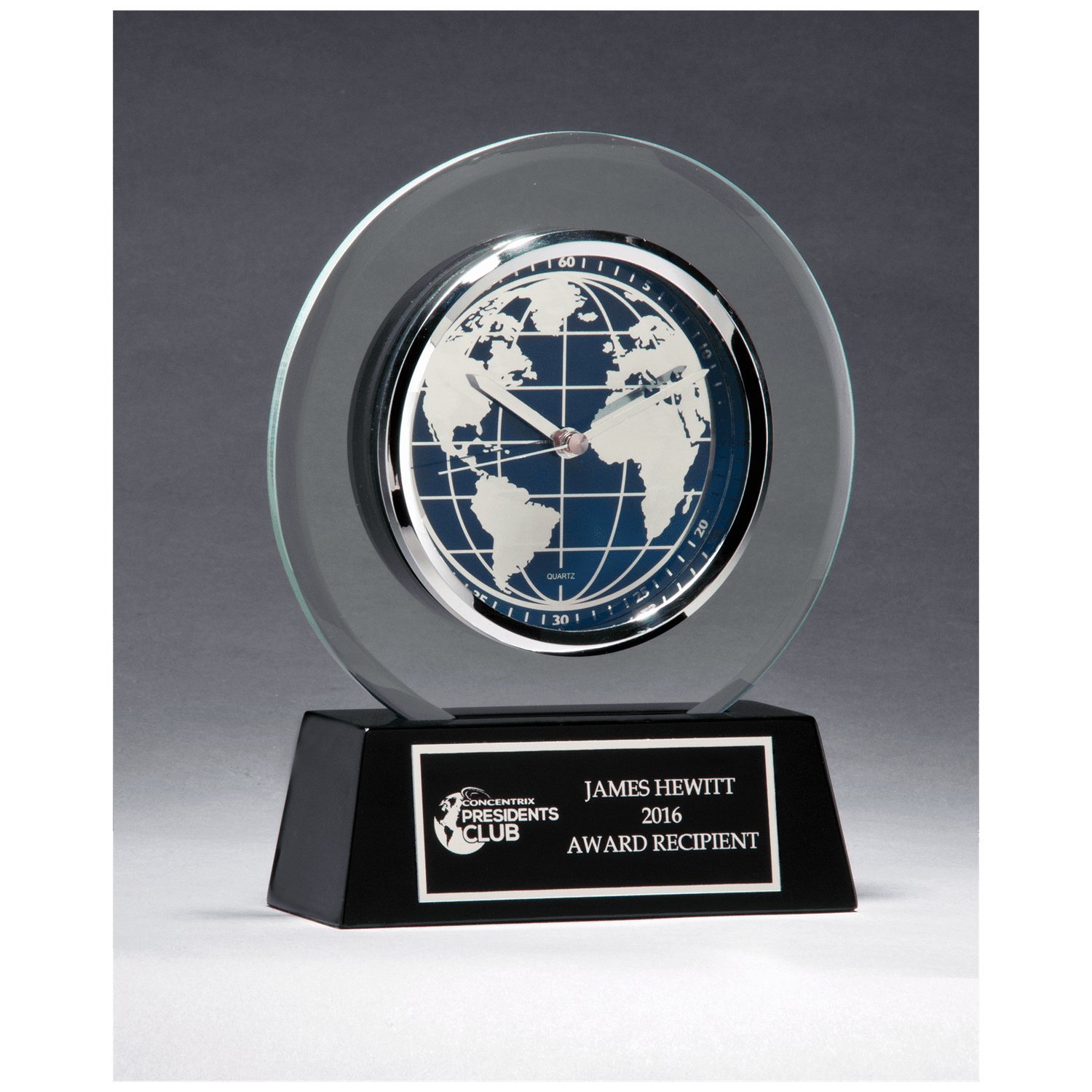 Glass Clock with World Dial on Black High Gloss Base, Black Plate