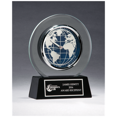 Glass Clock with World Dial on Black High Gloss Base, Black Plate