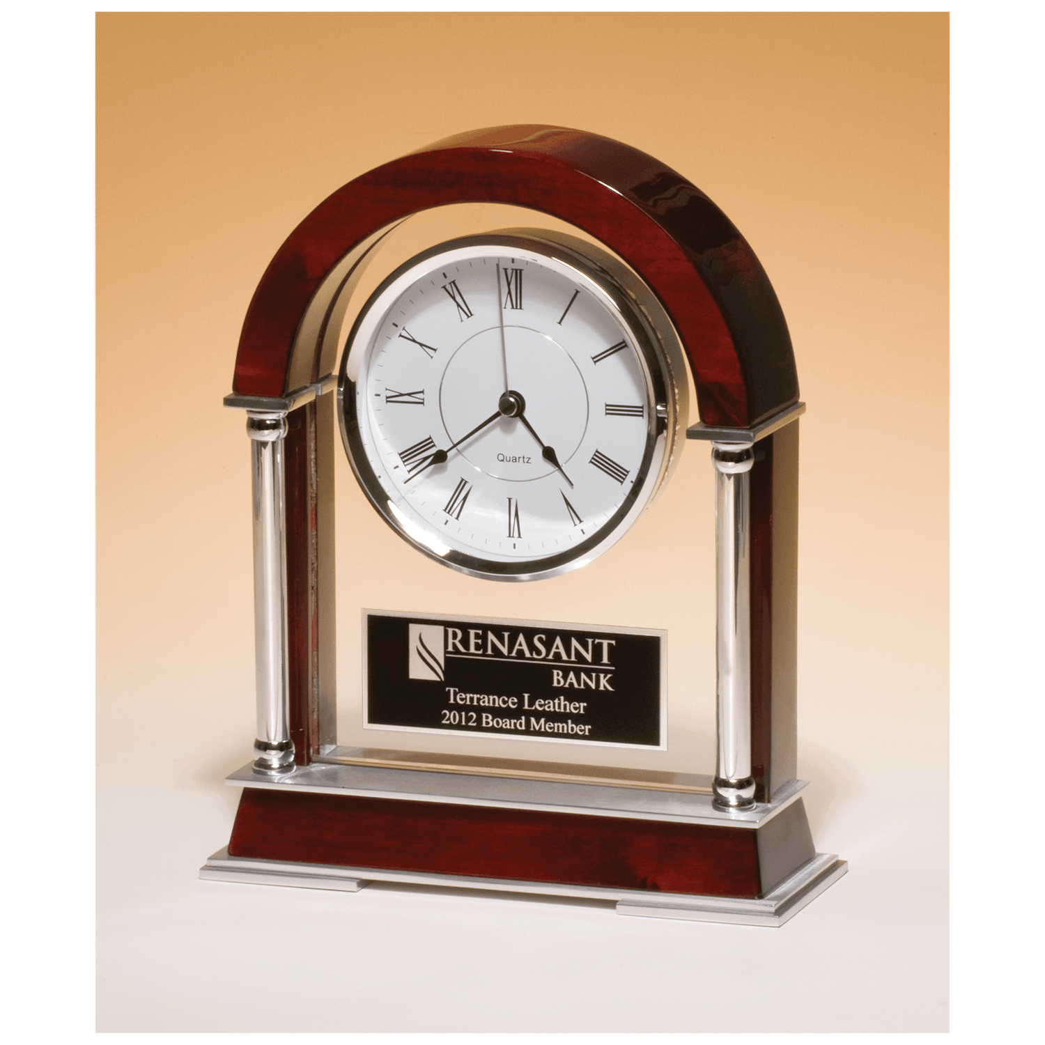 Rosewood Piano Finish Mantle Clock, Chrome Plated Posts, Silver Accents