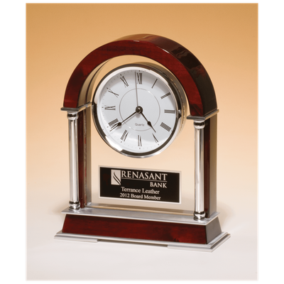 Rosewood Piano Finish Mantle Clock, Chrome Plated Posts, Silver Accents