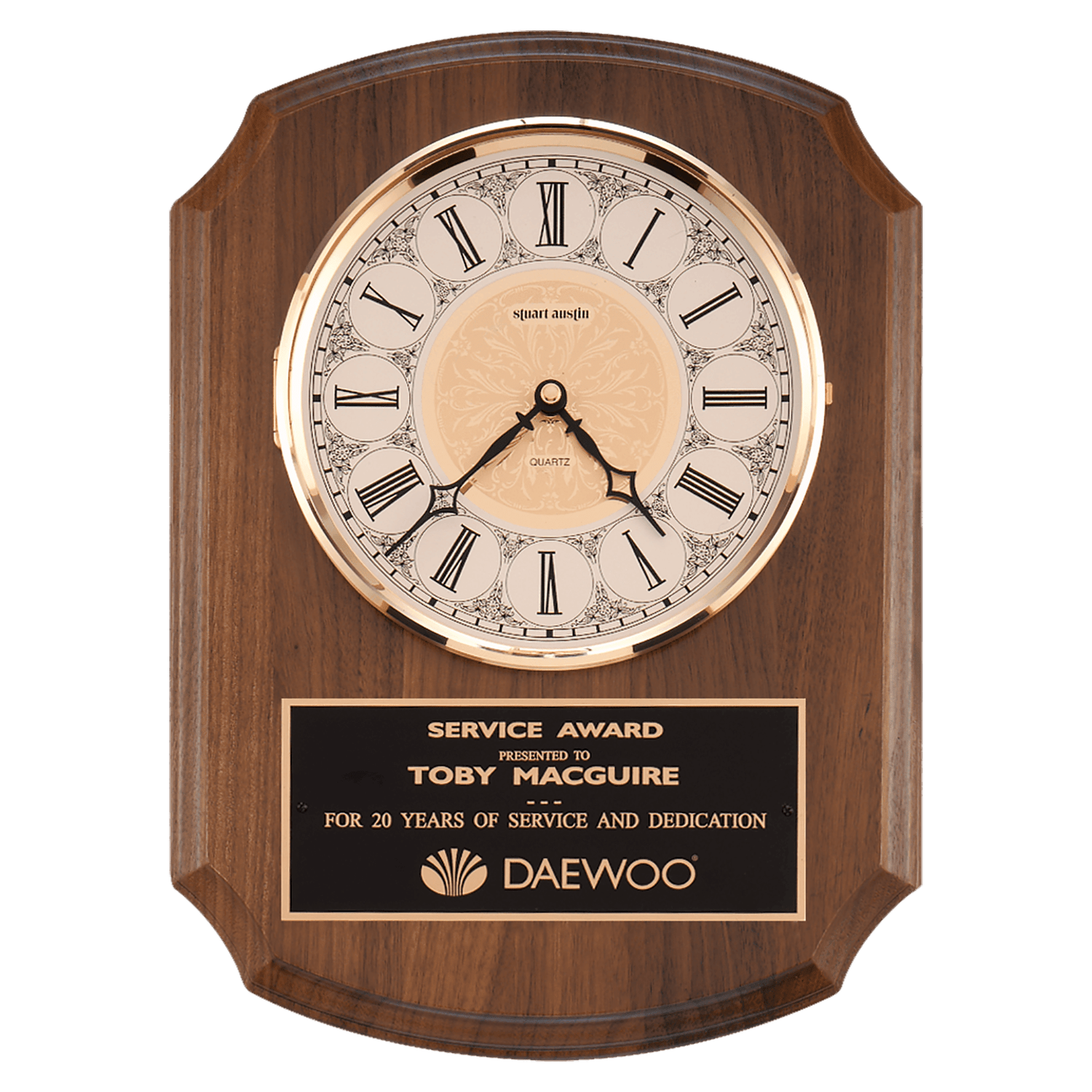 Walnut Quartz Clock, Brass Diamond Spun Bezel, Glass Lens, Ivory Dial, Plate