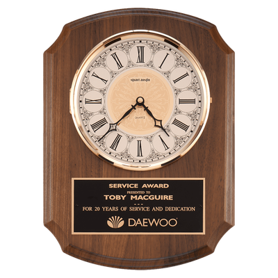 Walnut Quartz Clock, Brass Diamond Spun Bezel, Glass Lens, Ivory Dial, Plate