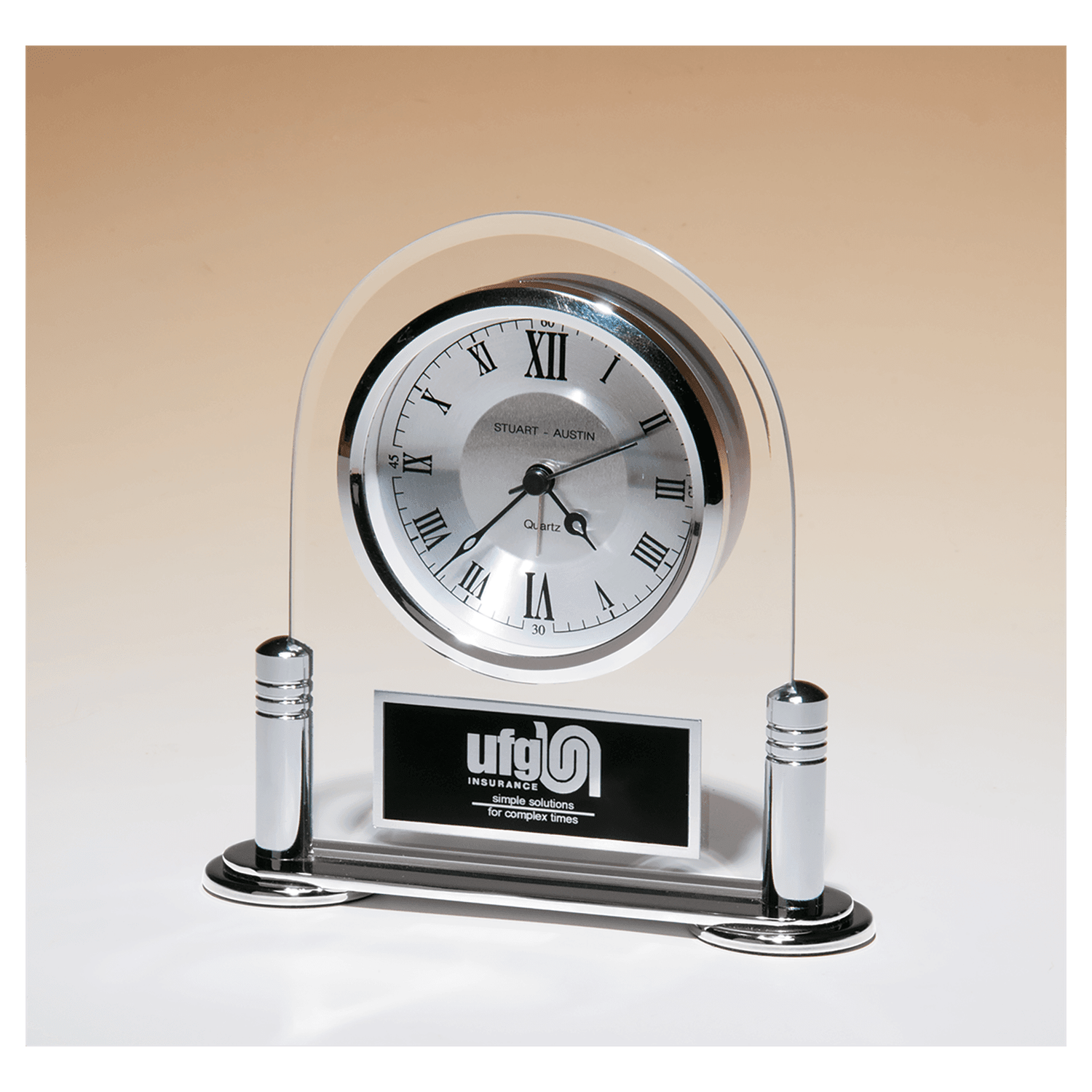 Desk Clock w/Beveled Glass Upright, Silver Metal Base, 3 Hand Movement, Plate
