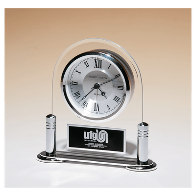 Desk Clock w/Beveled Glass Upright, Silver Metal Base, 3 Hand Movement, Plate