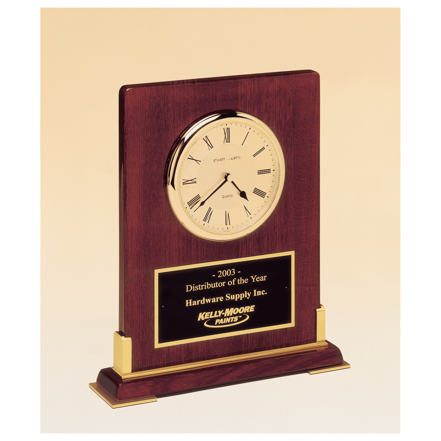 Desktop Clock, Rosewood Piano Finish Wood w/Gold Metal Accents, Black Plate