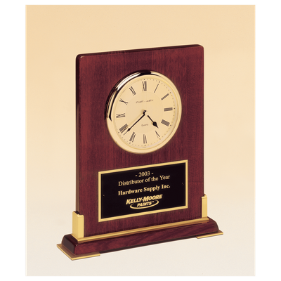 Desktop Clock, Rosewood Piano Finish Wood w/Gold Metal Accents, Black Plate