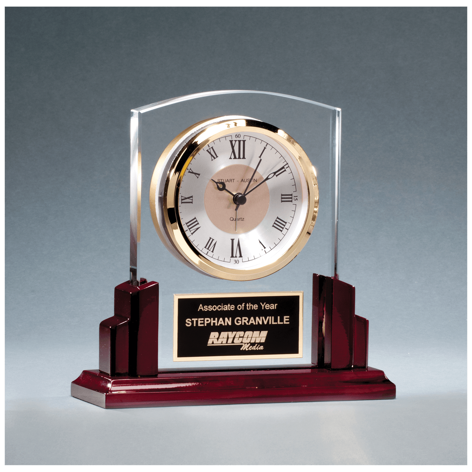 Glass Clock with Rosewood High Gloss Base, Black Aluminum Plate