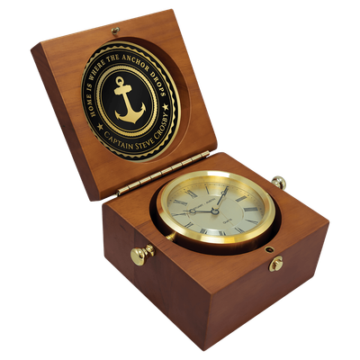 Mahogany Finish Captain's Clock, Brass Clock Housing, 4 1/4" Diameter Brass Disc