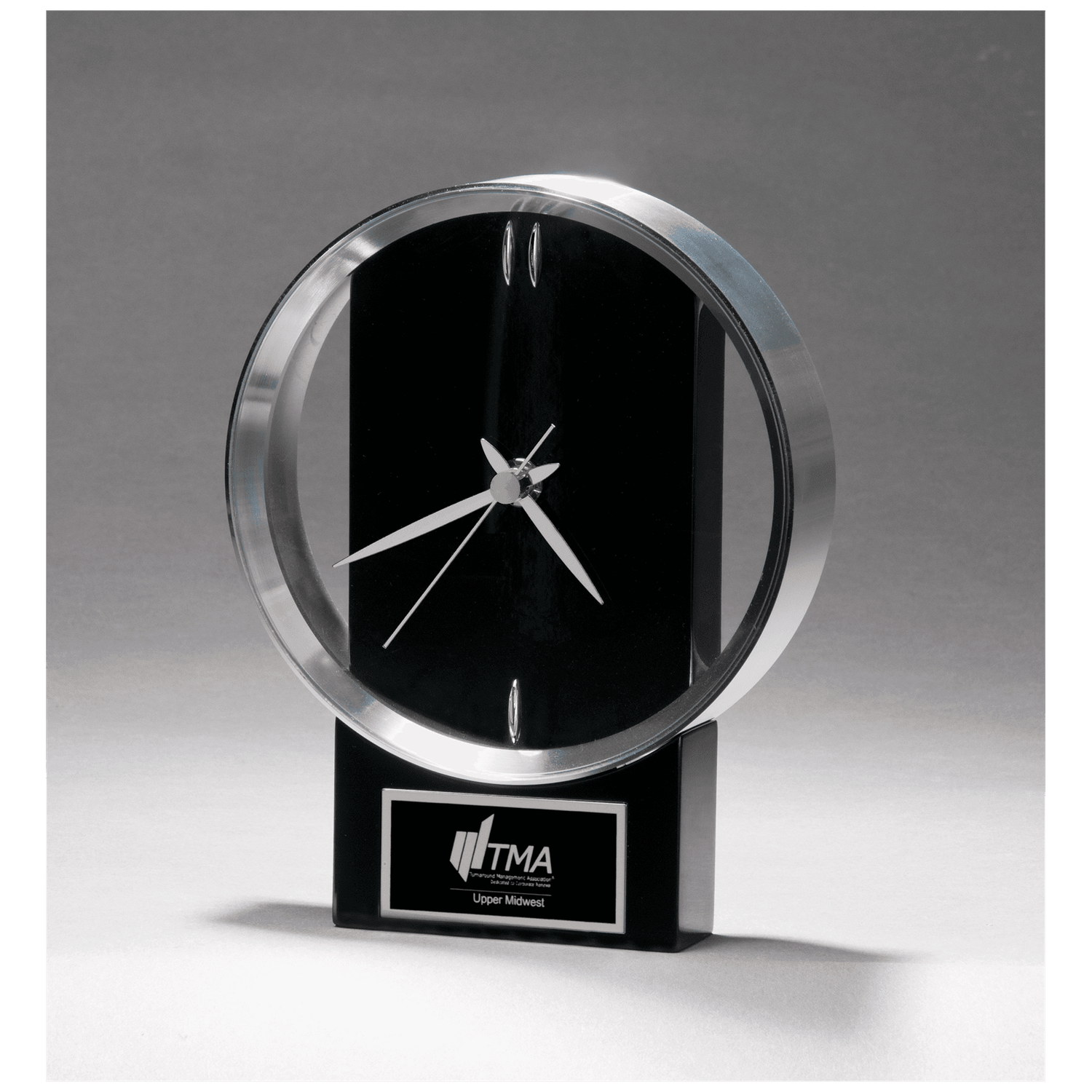Modern Design Clock w/Brushed Silver Bezel, Black High Gloss Base, Black Plate