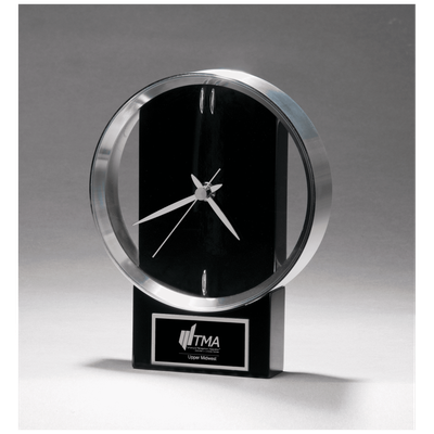 Modern Design Clock w/Brushed Silver Bezel, Black High Gloss Base, Black Plate