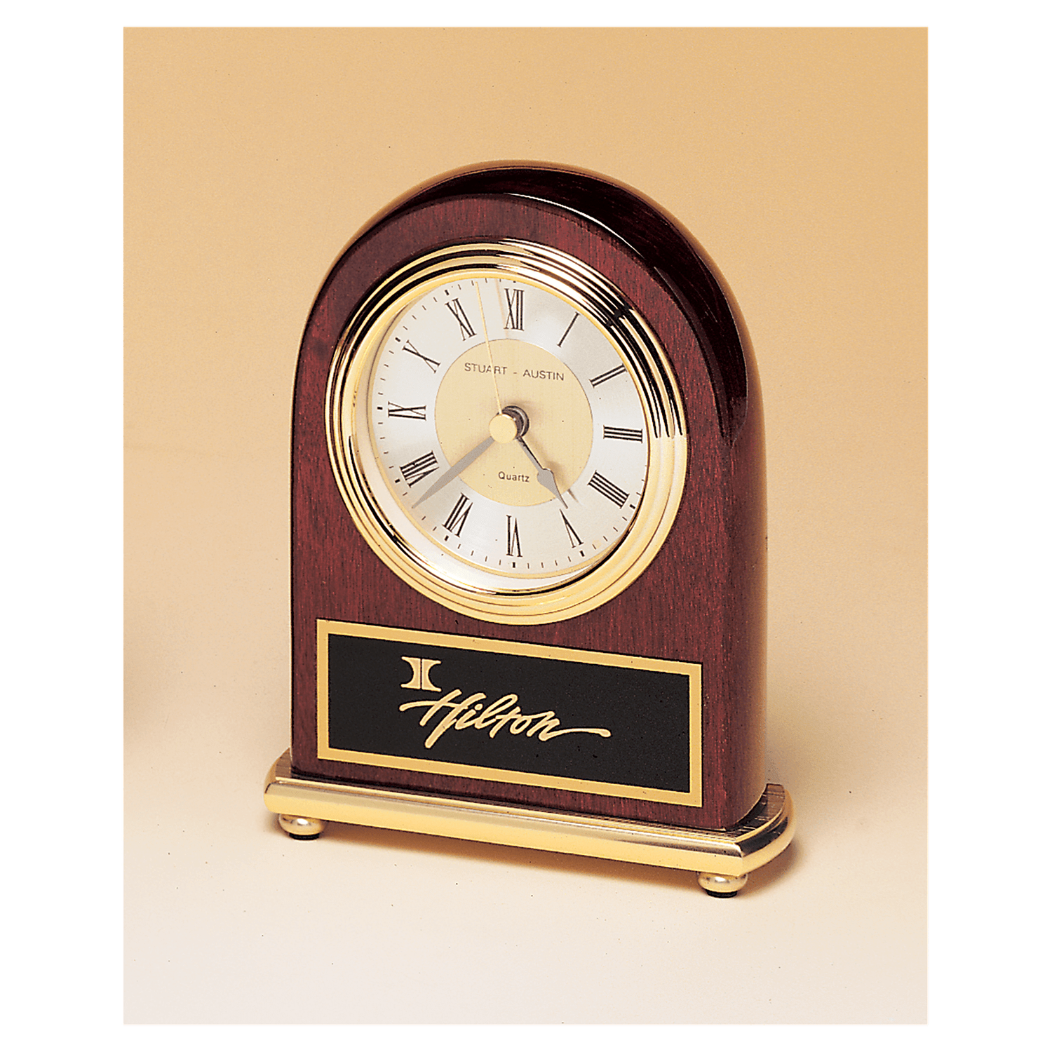 Rosewood Arch Piano Finish Clock, Brass Base, Diamond Spun Dial, 3 Hand Movement