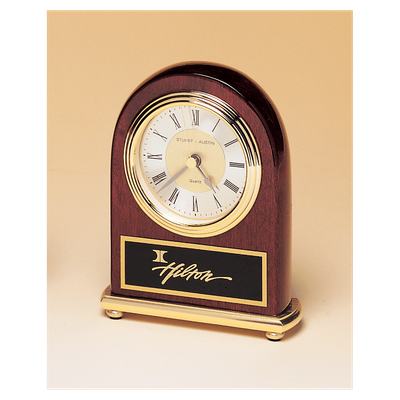 Rosewood Arch Piano Finish Clock, Brass Base, Diamond Spun Dial, 3 Hand Movement