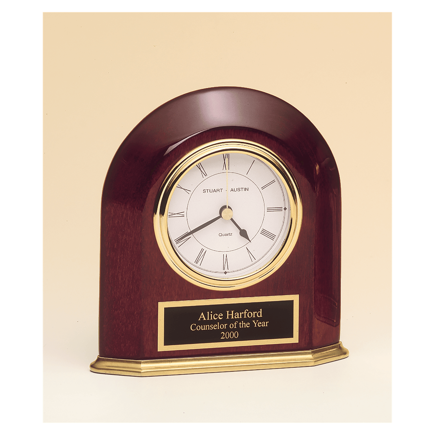 Rosewood Piano Finish Arched Table Clock w/Solid Brass Base, Plack Plate