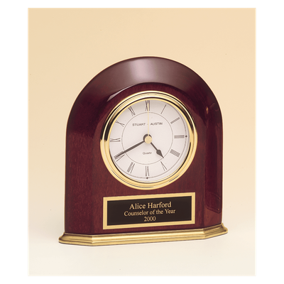 Rosewood Piano Finish Arched Table Clock w/Solid Brass Base, Plack Plate