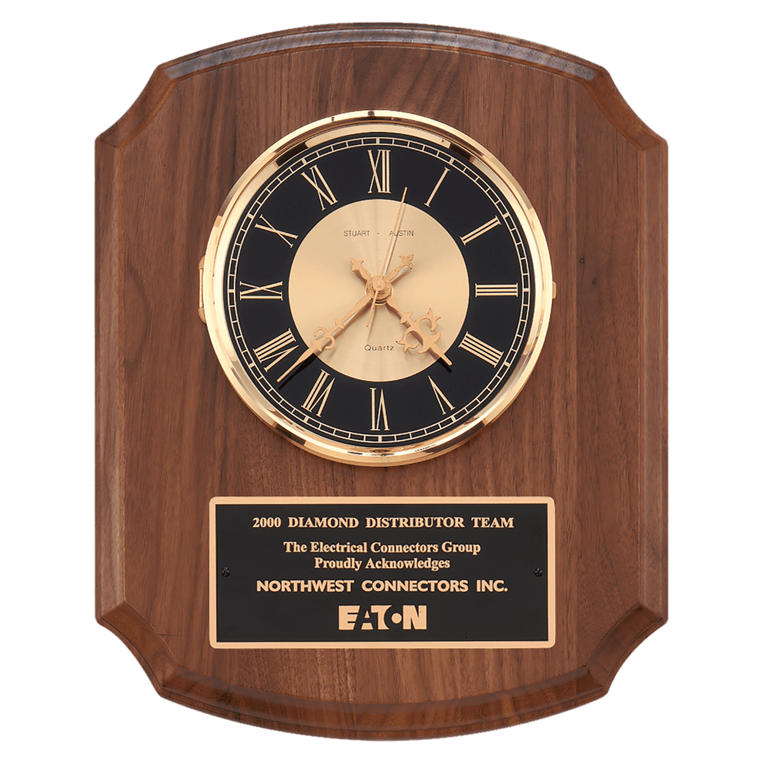 Walnut Quartz Clock, Brass Diamond Spun Bezel, Glass Lens, Black &amp; Gold Dial