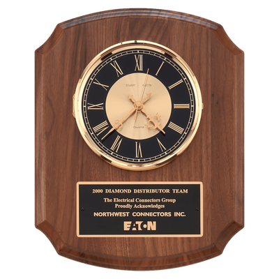 Walnut Quartz Clock, Brass Diamond Spun Bezel, Glass Lens, Black &amp; Gold Dial