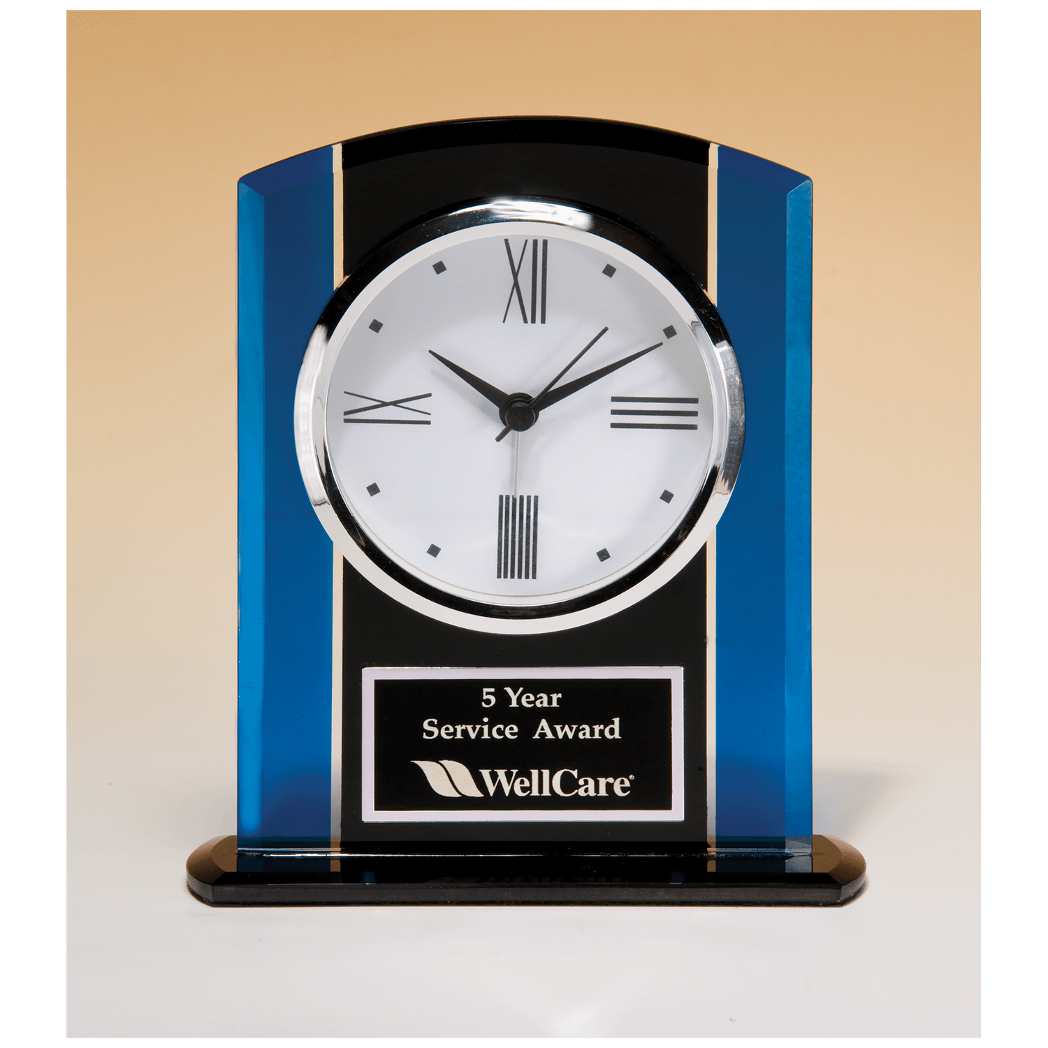 Black &amp; Blue Glass Clock, Silver Bezel, Three Hand Movement w/Black Plate